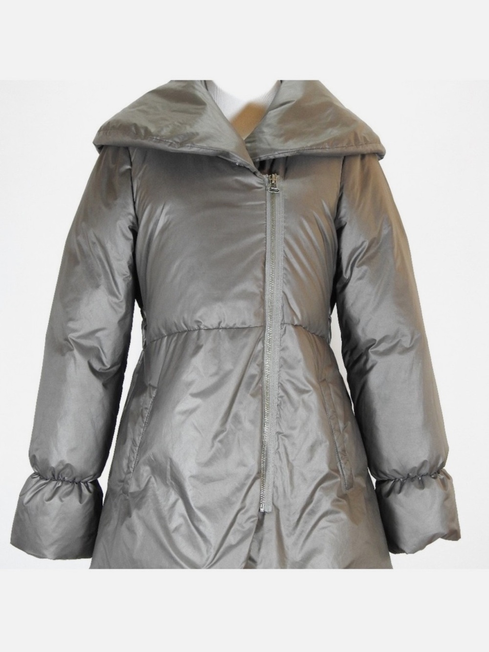 Alice + Olivia Metallic Gray Puffer Coat with Wide Stand Collar